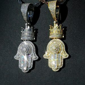 VVS Moissanite King Crown Hamsa Hand Pendant Necklace, Hamsa Evil Eye Protection